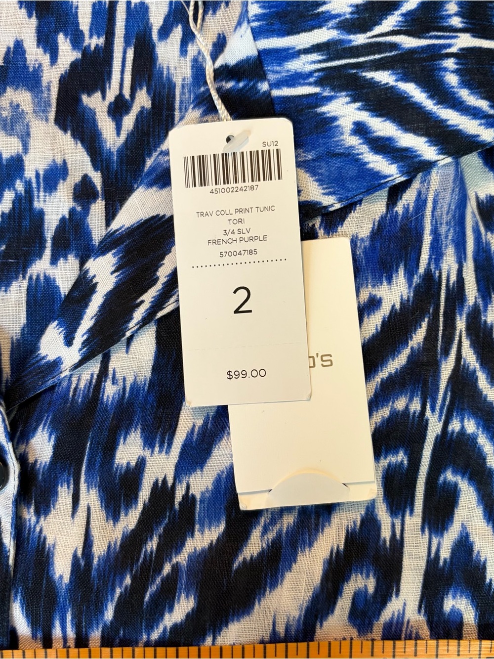 Chico's Shirt Sz 2 Large Linen Women’s Blue/White Ikat Abstract 100% Linen Tunic - Picture 7 of 11